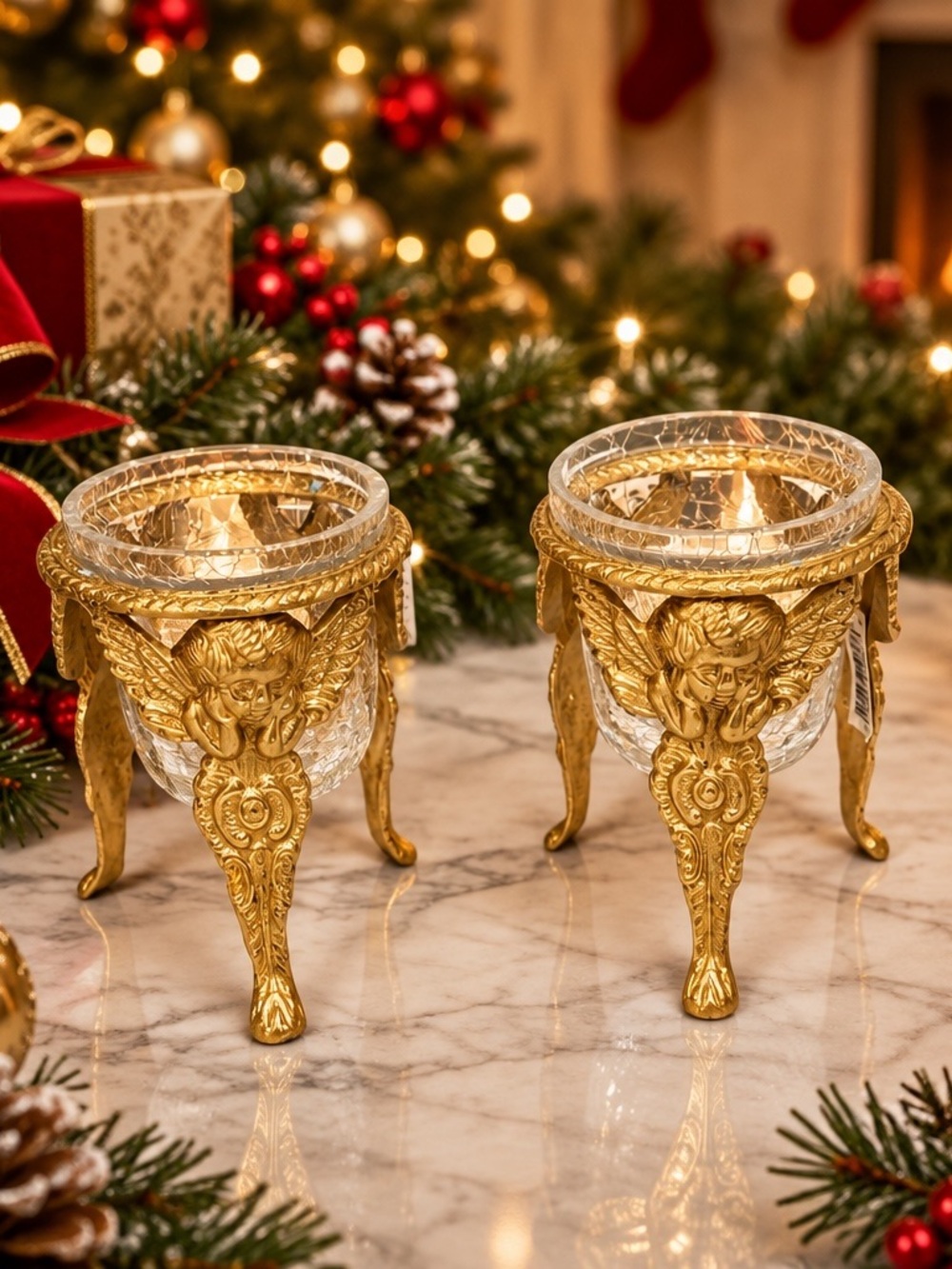 Vintage Brass and Glass Angel Votive Holders - Set of 2